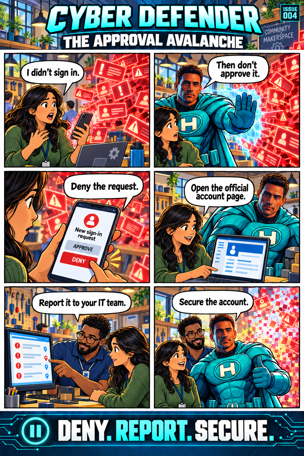 Six-panel Cyber Defender adventure in a community makerspace: repeated red sign-in alerts surround a staff member, who denies the unexpected request, opens the official account page, reports it to IT and secures the account with Cyber Defender’s help.