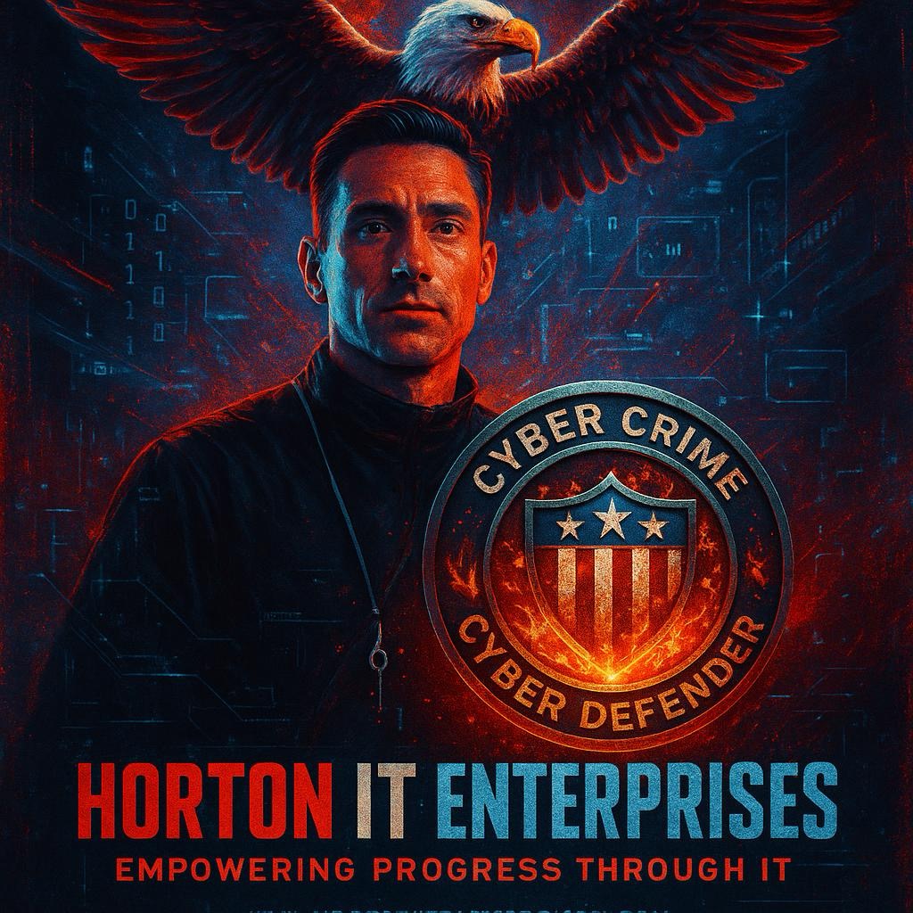 Cyber Defender, Horton’s fictional hero, with an eagle and shield.