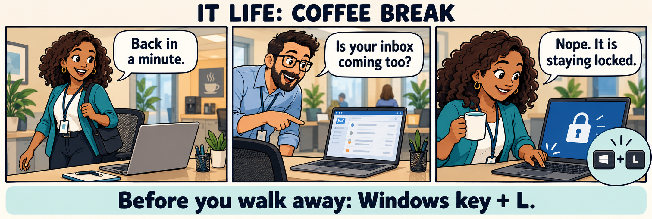 Three coworkers’ comic panels about locking a computer before a coffee break. Full transcript follows.