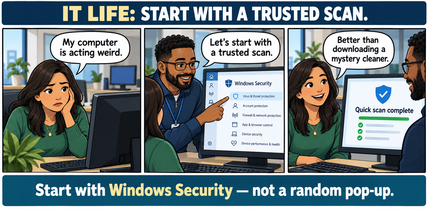 Three-panel IT Life comic about using Windows Security Quick scan instead of downloading a mystery cleanup program.