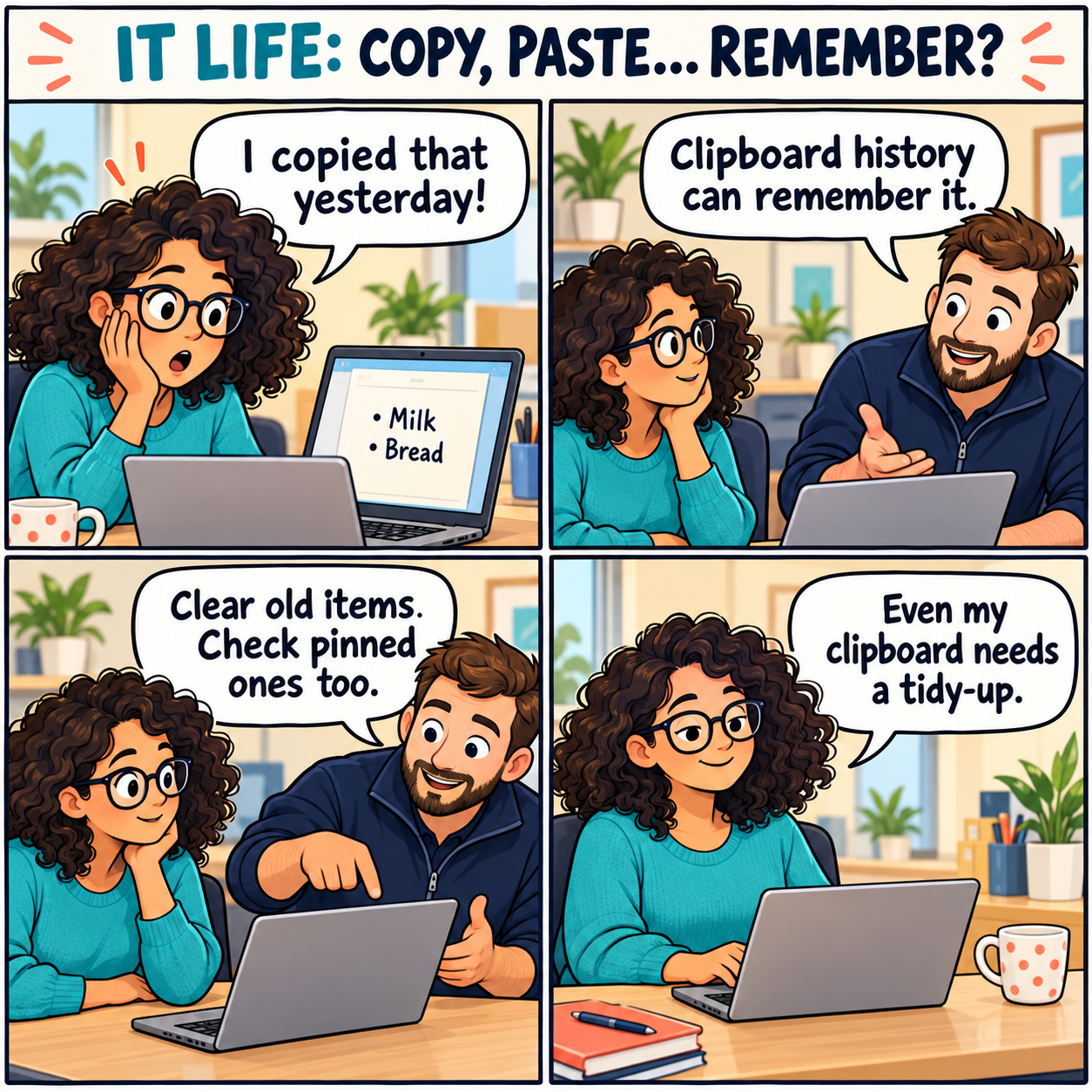 Four-panel IT Life comic. An office worker discovers yesterday's copied text; a technician explains clipboard history and checking pinned items. Full dialogue follows.