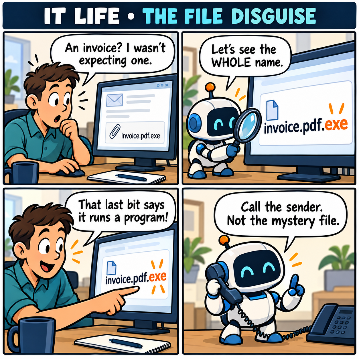 Four-panel comic: an office worker and desk robot inspect an unexpected invoice.pdf.exe attachment and decide to call the sender. Full dialogue follows.