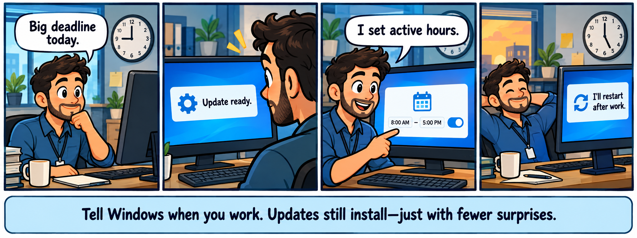Four-panel IT Life comic. A worker faces a deadline, sees an update ready, sets active hours, and the computer agrees to restart after work. Full dialogue follows.
