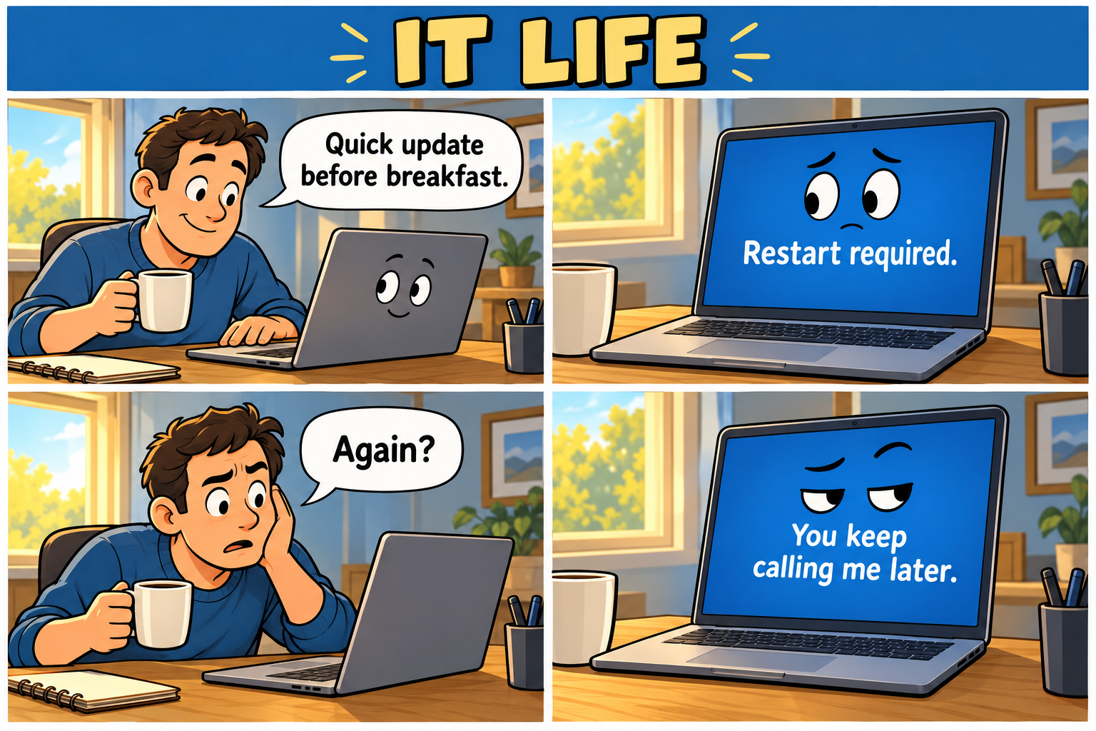 Four-panel IT Life comic. A small-business owner starts an update, sees that a restart is required, asks if it is needed again, and the laptop replies that he keeps calling it later. Full dialogue follows.