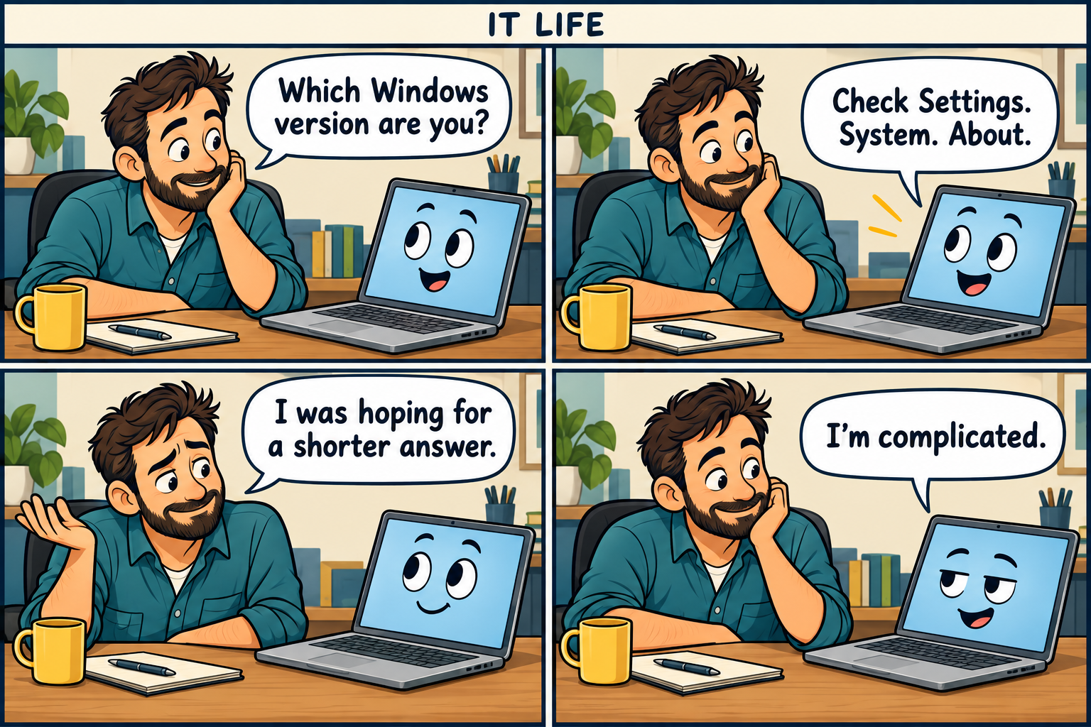 Four-panel IT Life comic. A worker asks a talking laptop its Windows version; the transcript follows.