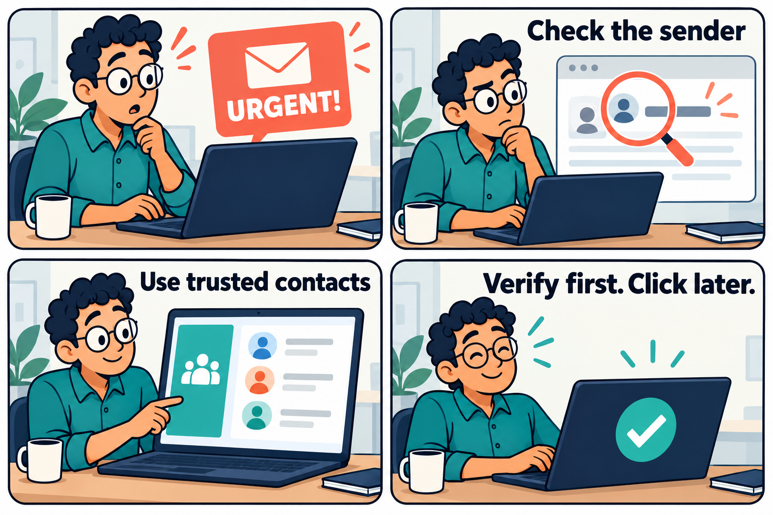 Four-panel comic: an office worker pauses at an urgent email, checks the sender, consults trusted contacts, and concludes, Verify first. Click later.